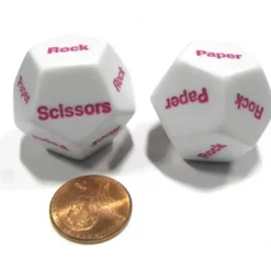 Dice>Set of 2 D12 12-Sided Rock, Paper, Scissors Game Dice - White with Pink Letters - Your Source for Gaming Essentials