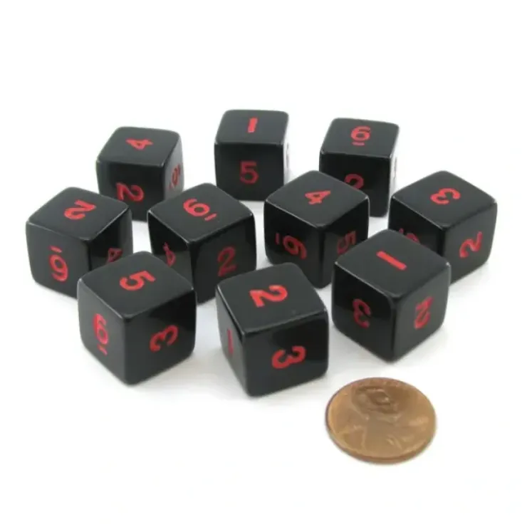 Dice>Set of 10 D6 Six-Sided 16mm Opaque Numbered Dice - Black with Red Numbers - Your Source for Gaming Essentials