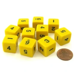 Dice>Set of 10 D6 Six-Sided 16mm Opaque Numbered Dice - Yellow with Black Numbers - Your Source for Gaming Essentials