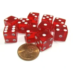 Dice>Set of 10 D6 Six-Sided 12mm Transparent Dice - Red with White Pips - Your Source for Gaming Essentials