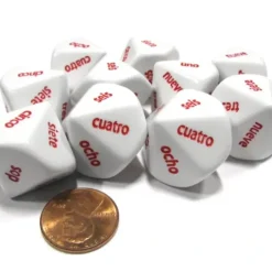 Dice>Set of 10 D10 Spanish Word Number Dice, uno-diez - White with Red Letters - Your Source for Gaming Essentials