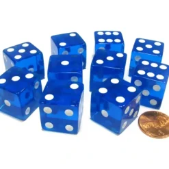 Dice>Set of 10 D6 Square Edged 19mm Dice - Transparent Blue with White Pips - Your Source for Gaming Essentials