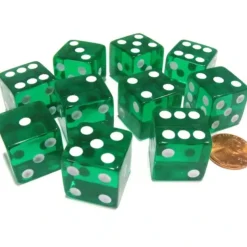 Dice>Set of 10 D6 Square Edged 19mm Dice - Transparent Green with White Pips - Your Source for Gaming Essentials