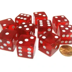 Dice>Set of 10 D6 Square Edged 19mm Dice - Transparent Red with White Pips - Your Source for Gaming Essentials