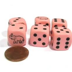 Dice>Set of 6 Elephant Dice 16mm D6 Rounded Edges Dice - Pink with Black Pips - Your Source for Gaming Essentials