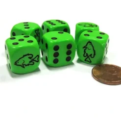 Dice>Set of 6 Fish 16mm D6 Round Edged Animal Dice - Green with Black Pips - Your Source for Gaming Essentials