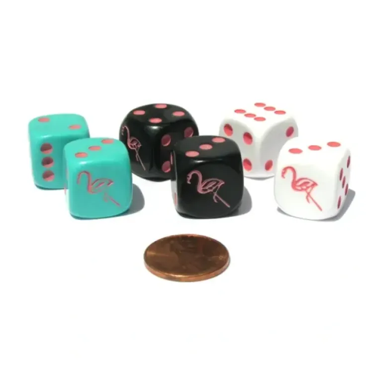 Dice>Set of 6 Flamingo 16mm Dice - 2 Each of Black, Aqua, and White with Pink Pips - Your Source for Gaming Essentials