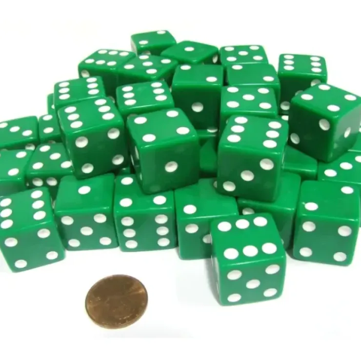 Dice>Set of 50 Large 19mm D6 Opaque Dice- Green with White Pips - Your Source for Gaming Essentials