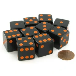 Dice>Set of 10 Large Six Sided Square Opaque 19mm D6 Dice - Black with Orange Pips - Your Source for Gaming Essentials