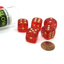 Dice>Set of 5 16mm D6 Glow In the Dark Spots Dice in Tube - Red - Your Source for Gaming Essentials