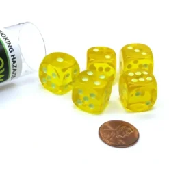 Dice>Set of 5 16mm D6 Glow In the Dark Spots Dice in Tube - Yellow - Your Source for Gaming Essentials