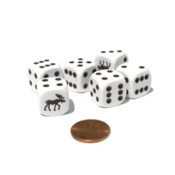 Dice>Set of 6 Moose 16mm D6 Round Edged Animal Dice - White with Brown Pips - Your Source for Gaming Essentials