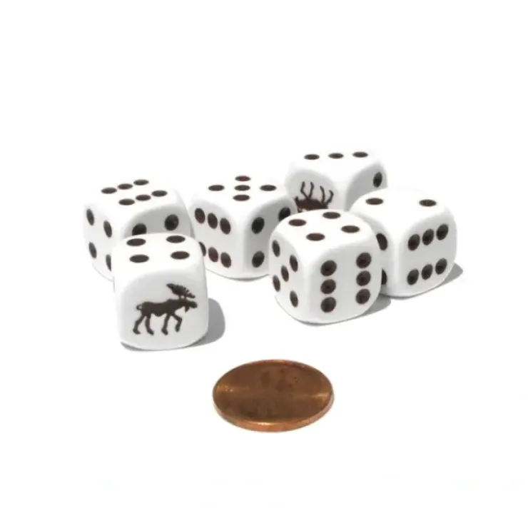 Dice>Set of 6 Moose 16mm D6 Round Edged Animal Dice - White with Brown Pips - Your Source for Gaming Essentials