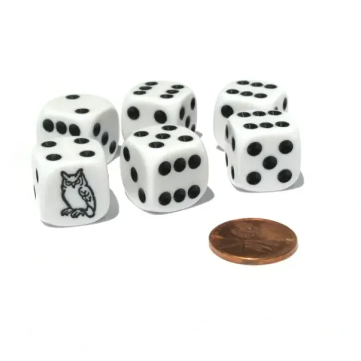 Dice>Set of 6 Owl 16mm D6 Round Edged Animal Dice - White with Black Pips - Your Source for Gaming Essentials