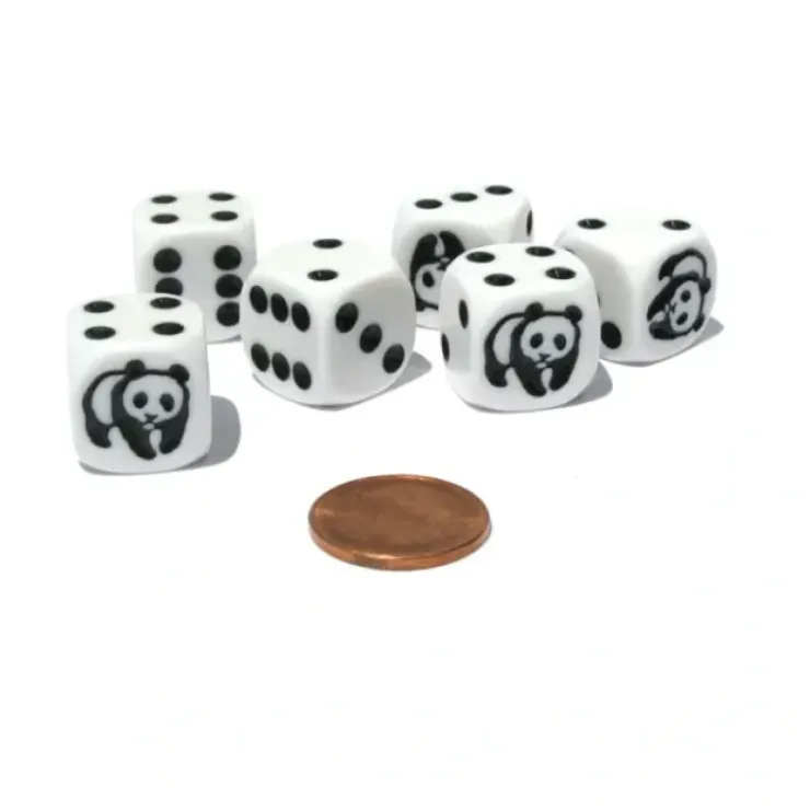Dice>Set of 6 Panda 16mm D6 Round Edged Animal Dice - White with Black Pips - Your Source for Gaming Essentials
