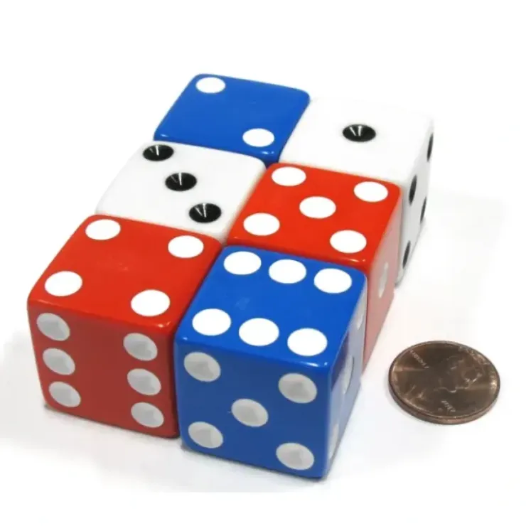Dice>Set of 6 Patriotic D6 25mm Large Opaque Jumbo Dice- 2 Each of Red White and Blue - Your Source for Gaming Essentials