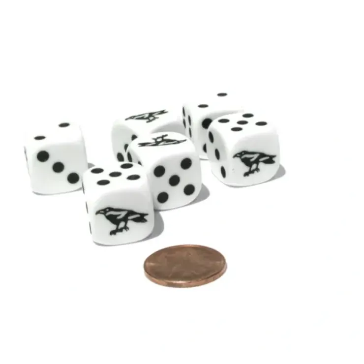 Dice>Set of 6 Raven 16mm D6 Round Edged Animal Dice - White with Black Pips - Your Source for Gaming Essentials