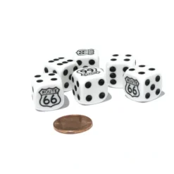 Dice>Set of 6 Route 66 16mm D6 Round Edged Dice - White with Black Pips - Your Source for Gaming Essentials