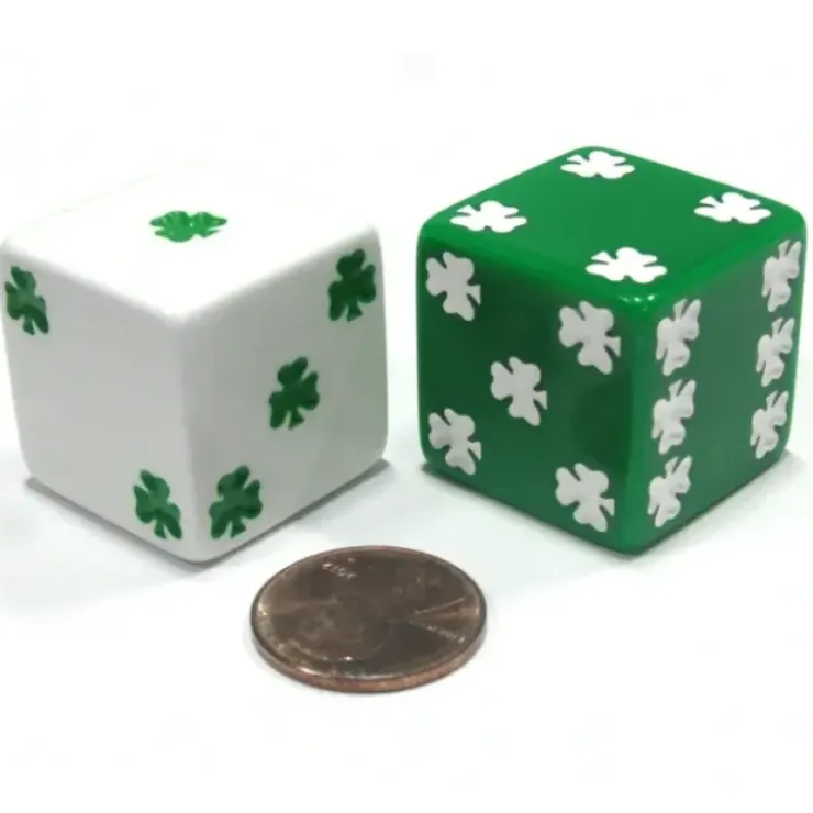 Dice>Set of 2 Shamrock D6 25mm Large Opaque Jumbo Dice - 1 White and 1 Green - Your Source for Gaming Essentials