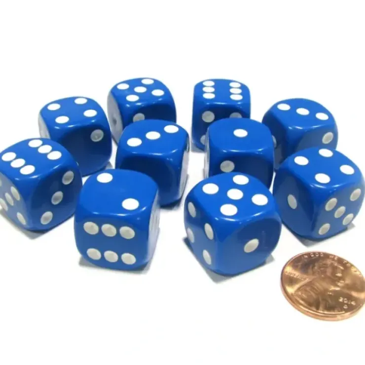 Dice>Set of 10 Six Sided Round Corner Opaque 16mm D6 Dice - Blue with White Pips - Your Source for Gaming Essentials
