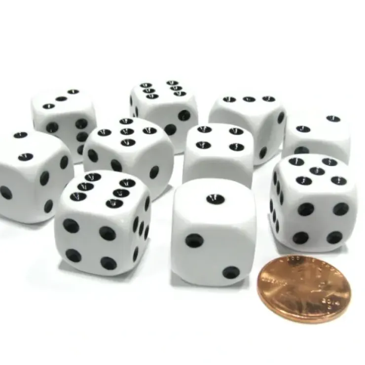 Dice>Set of 10 Six Sided Round Corner Opaque 16mm D6 Dice - White with Black Pip - Your Source for Gaming Essentials