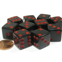 Dice>Set of 10 Six Sided Square Opaque 16mm D6 Dice - Black with Red Pip Die - Your Source for Gaming Essentials