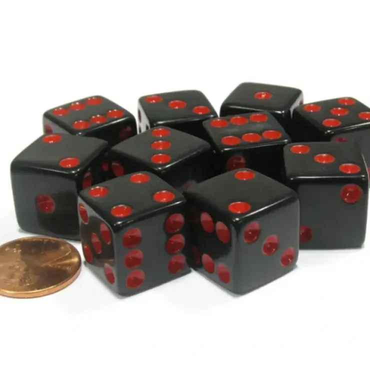 Dice>Set of 10 Six Sided Square Opaque 16mm D6 Dice - Black with Red Pip Die - Your Source for Gaming Essentials
