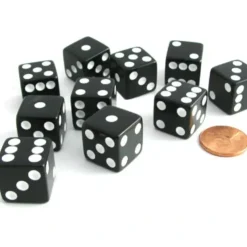 Dice>Set of 10 Six Sided Square Opaque 16mm D6 Dice - Black with White Pip Die - Your Source for Gaming Essentials