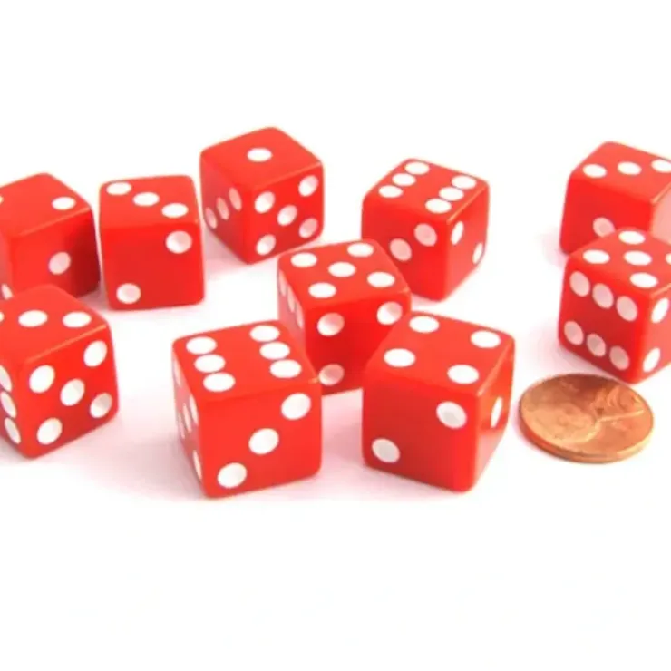 Dice>Set of 10 Six Sided Square Opaque 16mm D6 Dice - Red with White Pip Die - Your Source for Gaming Essentials