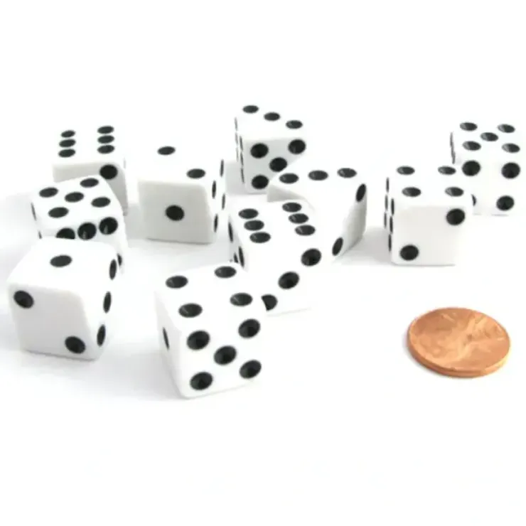 Dice>Set of 10 Six Sided Square Opaque 16mm D6 Dice - White with Black Pip Die - Your Source for Gaming Essentials