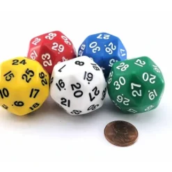 Dice>Set of 5 Triantakohedron D30 33mm Jumbo Dice - Yellow Red Green Blue White - Your Source for Gaming Essentials