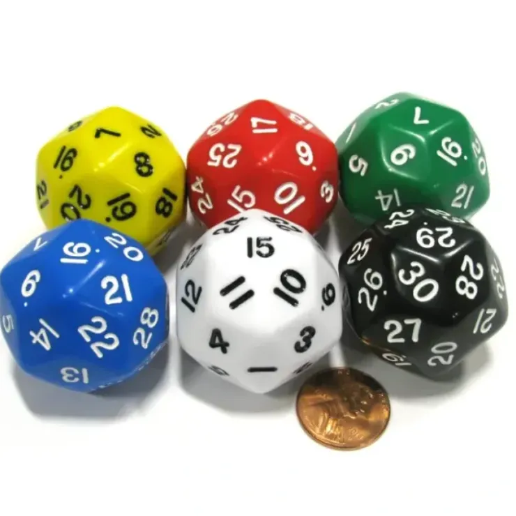 Dice>Set of 6 Triantakohedron D30 33mm Jumbo Dice - Yellow Red Green Blue White Black - Your Source for Gaming Essentials