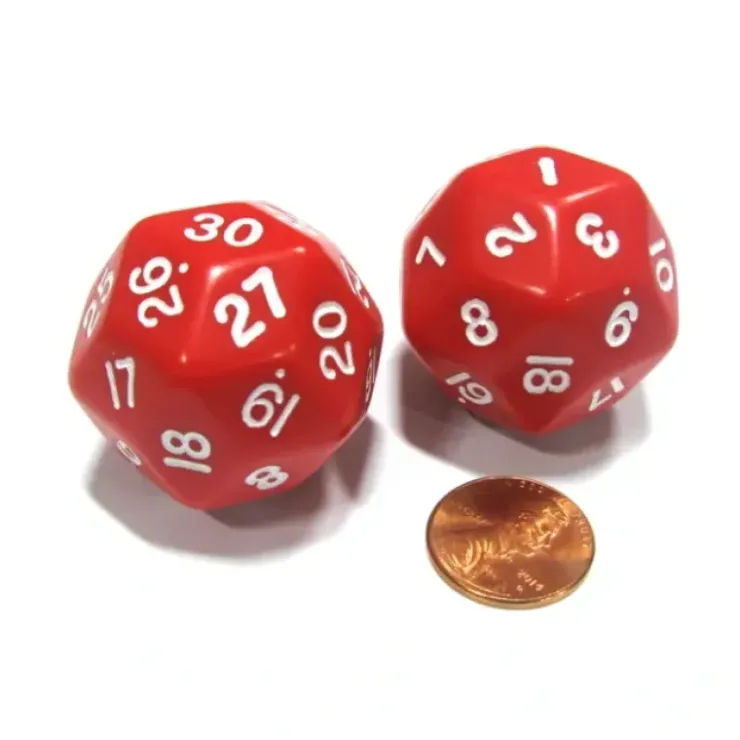 Dice>Set of 2 Triantakohedron D30 30 Sided 33mm Jumbo Dice - Red w White Numbers - Your Source for Gaming Essentials