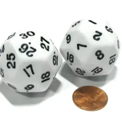 Dice>Set of 2 Triantakohedron D30 30 Sided 33mm Jumbo Dice - White w Black Numbers - Your Source for Gaming Essentials