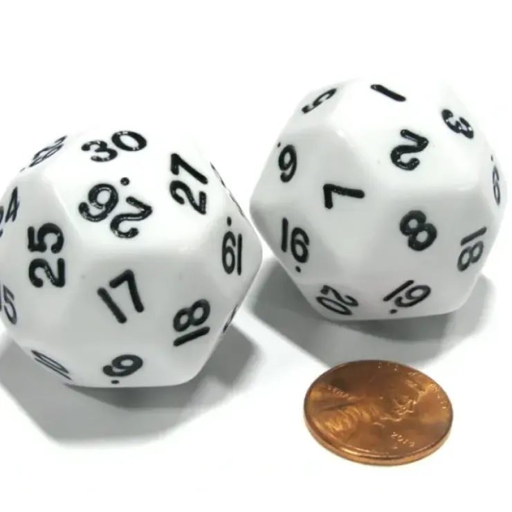 Dice>Set of 2 Triantakohedron D30 30 Sided 33mm Jumbo Dice - White w Black Numbers - Your Source for Gaming Essentials