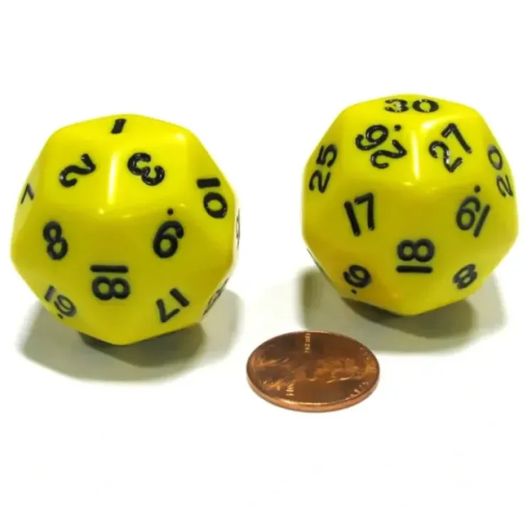 Dice>Set of 2 Triantakohedron D30 30 Sided 33mm Jumbo Dice - Yellow w Black Numbers - Your Source for Gaming Essentials