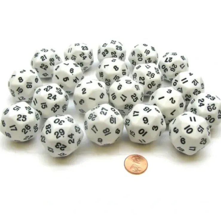 Dice>Set of 20 Triantakohedron D30 30 Sided 33mm Jumbo Dice - White w Black Numbers - Your Source for Gaming Essentials