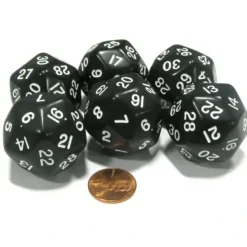 Dice>Set of 6 Triantakohedron D30 30 Sided 33mm Jumbo Dice - Black w White Numbers - Your Source for Gaming Essentials