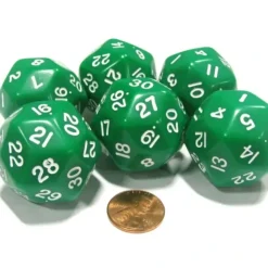 Dice>Set of 6 Triantakohedron D30 30 Sided 33mm Jumbo Dice - Green w White Numbers - Your Source for Gaming Essentials
