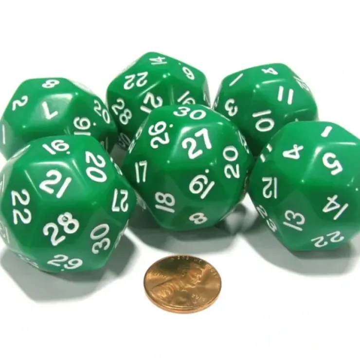 Dice>Set of 6 Triantakohedron D30 30 Sided 33mm Jumbo Dice - Green w White Numbers - Your Source for Gaming Essentials