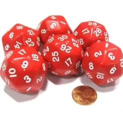 Dice>Set of 6 Triantakohedron D30 30 Sided 33mm Jumbo Dice - Red w White Numbers - Your Source for Gaming Essentials