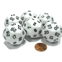 Dice>Set of 6 Triantakohedron D30 30 Sided 33mm Jumbo Dice - White w Black Numbers - Your Source for Gaming Essentials