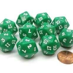 Dice>Set of 10 Twenty Sided 19mm D20 Opaque RPG Dice - Green with White Numbers Die - Your Source for Gaming Essentials