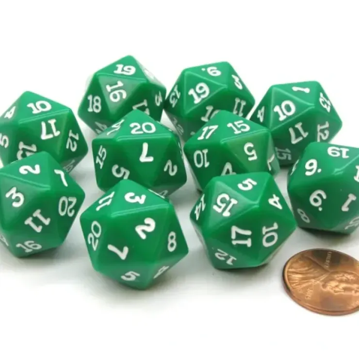 Dice>Set of 10 Twenty Sided 19mm D20 Opaque RPG Dice - Green with White Numbers Die - Your Source for Gaming Essentials