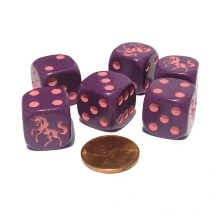 Dice>Set of 6 Unicorn 16mm D6 Round Edge Animal Dice - Purple with Pink Pips - Your Source for Gaming Essentials