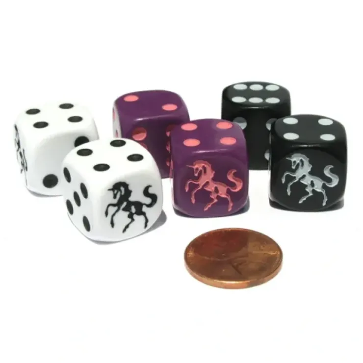 Dice>Set of 6 Unicorn 16mm D6 Round Edge Dice - 2 Each of Black, Purple, and White - Your Source for Gaming Essentials