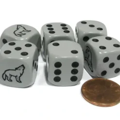 Dice>Set of 6 Wolf 16mm D6 Round Edged Animal Dice - Gray with Black Pips - Your Source for Gaming Essentials