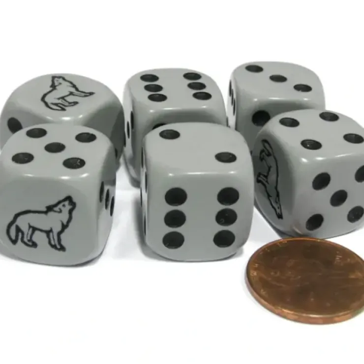 Dice>Set of 6 Wolf 16mm D6 Round Edged Animal Dice - Gray with Black Pips - Your Source for Gaming Essentials