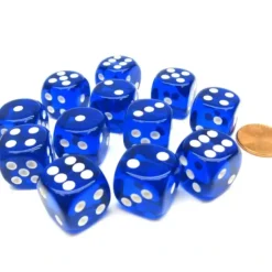 Dice>Translucent 16mm D6 Chessex Dice Block (12 Die) - Blue with White Pips - Your Source for Gaming Essentials