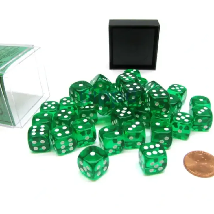 Dice>Translucent 12mm D6 Chessex Dice Block (36 Die) - Green with White Pips - Your Source for Gaming Essentials